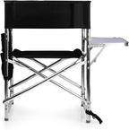 PICNIC TIME Sports Chair with Side Table and Armrest Caddy, Lightweight Aluminum Folding Outdoor Camping Chair for Adults, Portable Director Style Lawn Seating with Pockets & Carry Strap, (Black)