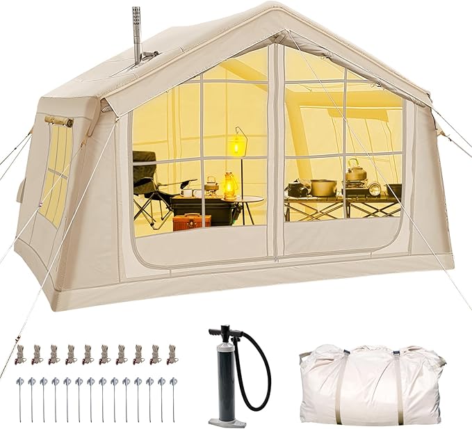 ABORON 2/6/8/10/12 Person Inflatable Camping Tent, Easy Setup Blow Up Tent with Hand Pump, PU3000mm Waterproof & Breathable 4 Season Glamping Tent for Outdoor Camping
