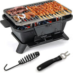 HAPPYGRILL Cast Iron Charcoal Grill, Portable Hibachi Grill w/Air Regulating Door & Fire Gate, Grate Lifter, Double-sided Japanese Stove for Outdoor Camping Backyard Barbecue Party