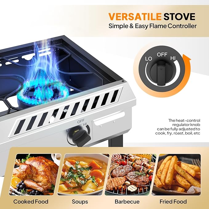 Bonnlo 3 Burner Propane Stove with Inginition, 225000BTU Gas Stove with Storage Shelf and Portable Rolling Wheels, Gas Burner for Outdoor Camping Patio Backyard Cooking Boiling Frying Stewing