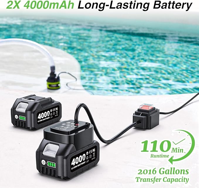 Cordless Submersible Water Pump Brushless, Small Battery Powered Sump Pump with 2x4000mAh Battery & Hose for Swimming Pool Tank Garden Pond Basement Camping Boat Rain Barrels Outdoor Draining