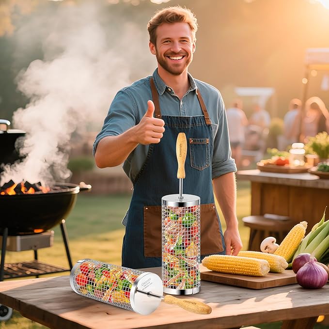 Rolling Grill Baskets,Removable Wooden Handle,304 Stainless Steel,Grill Accessories for Veggies Shrimp Meat,Kitchen Gadgets Fits Outdoor Cooking&Picnics,Camping Essentials,Ideal Festival Birthday Anniversary Gifts—2 Pack
