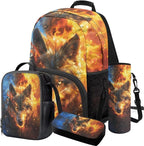 Wolf Backpack with Lunchbox Cool Kids Backpack Lightweight Trendy Kids Bookbag and Lunch Box Set Boys 4 Pcs School Bag for Boys 7-8 Daypack Travel Camping Outdoor Hiking