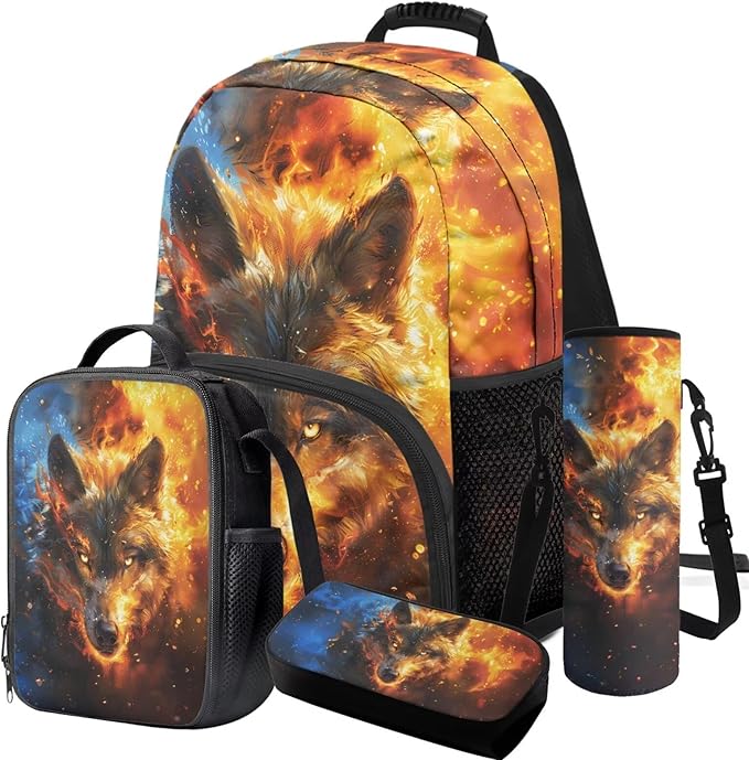 Wolf Backpack with Lunchbox Cool Kids Backpack Lightweight Trendy Kids Bookbag and Lunch Box Set Boys 4 Pcs School Bag for Boys 7-8 Daypack Travel Camping Outdoor Hiking