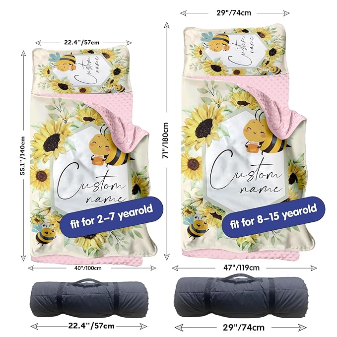 Custom Toddler Nap Mat for Preschool, Personalized Name Kids Sleeping Bag with Yellow Bee Pattern for Daycare, Roll Up Sleeping Mat with Removable Pillow and Soft Dot Minky Blanke for Girls Camping