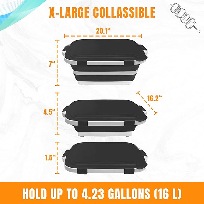 Collapsible BBQ Prep Tub with Cutting Board & Lid, Folding Food Container BPA-Free Heavy-Duty, Dishwasher Safe, Upgraded Drain Hole - for Camping, Grilling Outdoor Cooking (Black, X-Large)