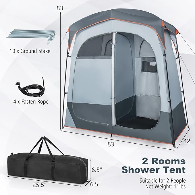 Tangkula Double Room Shower Tent, Oversize Space Privacy Tent with Floor, Removable Rain Fly, Inside Pocket, Clothesline, Top Hook, Portable Outdoor Changing Tent for Dressing, Camping, Toilet