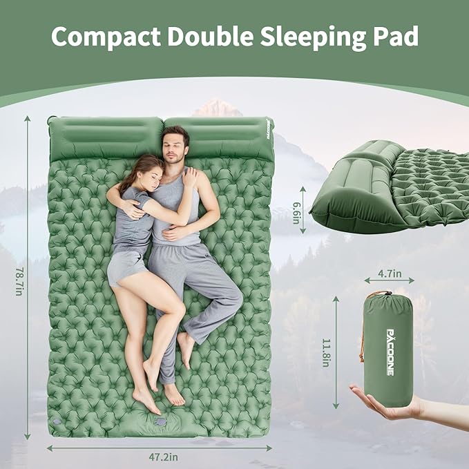 Camping Double Sleeping Pad, Self Inflating Sleeping Mat with Pillow Built-in Foot Pump, 2 Person Portable Camping Air Mattress for Backpacking, Hiking, Traveling, Tent(Green)
