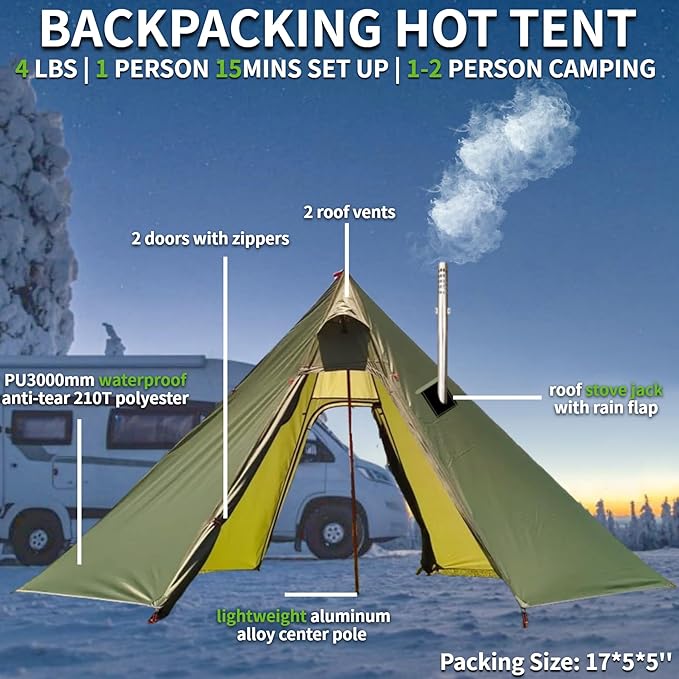 DANCHEL OUTDOOR Backpacking Hot Tent w/Stove Jack, Portable Tipi Tent with T6 Titanium Folding Wood Stove for 1-4 Person Winter Camping Hunting,3m/4m