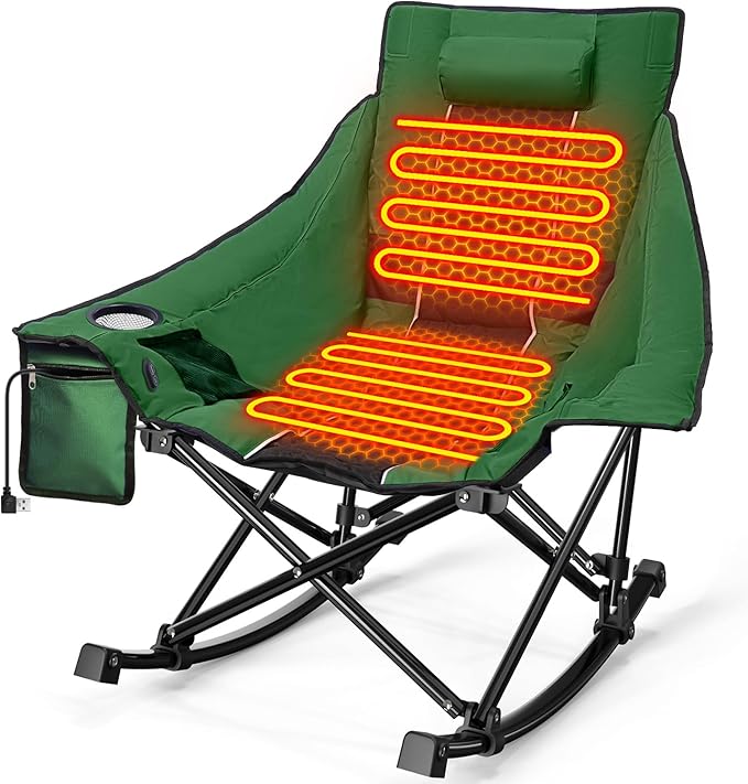 Slendor Oversized Heated Camping Chair, Folding Heated Rocking Chair with Padded Pillow, 3 Adjustable Heat Settings Portable Camp Chair for Outdoor & Indoor Use, NO Power Bank,Green