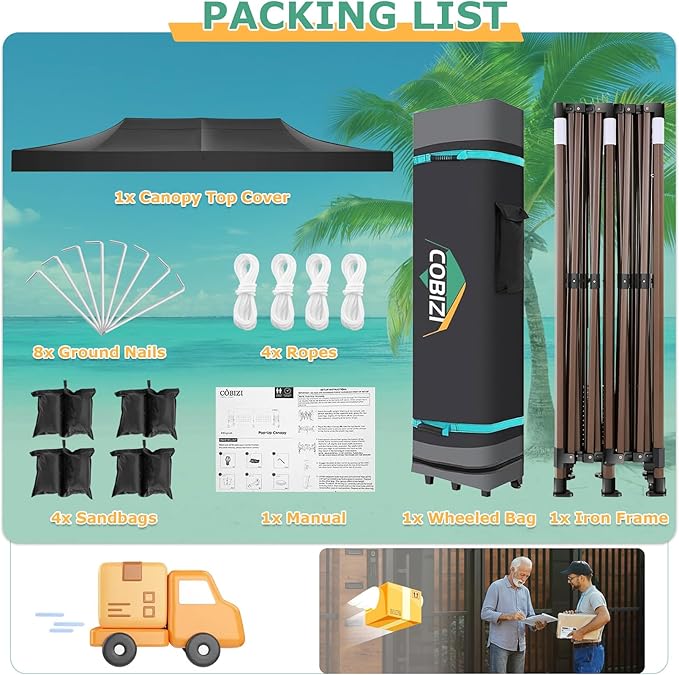 COBIZI 10x20 Pop Up Heavy Duty Canopy with Upgrated Hexagonal Legs, Easy up Tent for Party, Wedding and Commercial Event, Outdoor Canopy with Roller Bag, Sand Bags, Waterproof & UPF50+ (Black)