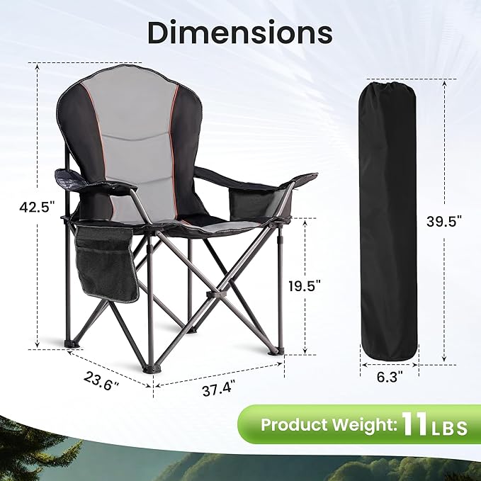 Oversized Camping Chair Heavy Duty- Portable Folding Chair, Cup Holder & Waterproof Phone Case for Adults, Beach, Hiking, Backyard (Black & Light Gray, 1 PCS)