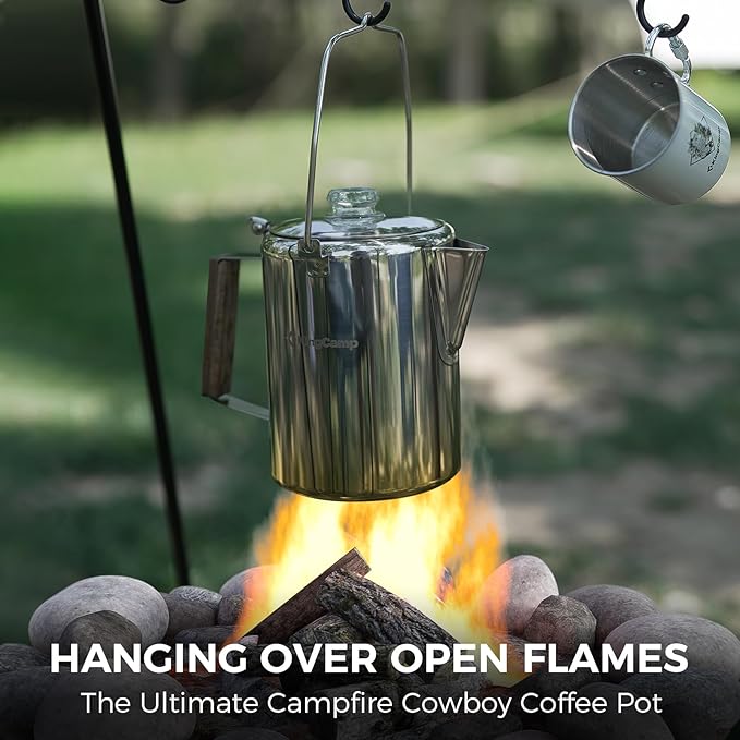 KingCamp Percolator Coffee Pot Campfire Coffee Boiler Kettle 304 Stainless Steel with Wood Handle for Outdoor Camping Cookware, Cabin, RV, Kitchen, Hunting & Backpacking, NO Aluminum or Plastic 12 Cup