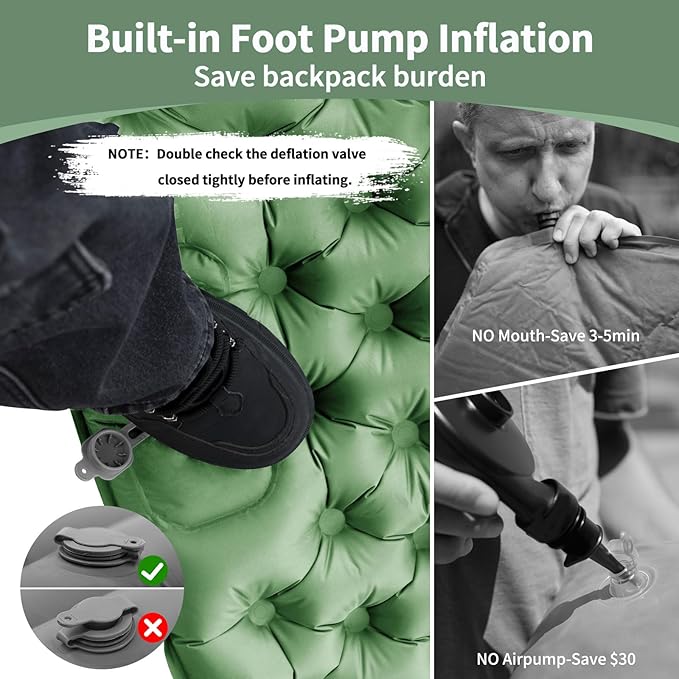 Camping Double Sleeping Pad, Self Inflating Sleeping Mat with Pillow Built-in Foot Pump, 2 Person Portable Camping Air Mattress for Backpacking, Hiking, Traveling, Tent(Green)