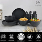 Homienly Wheat Straw Dinnerware Sets, Homienly 20pcs Unbreakable Microwave Dishwasher Safe Tableware Lightweight Bowls, Cups, Plates Set Reusable Dinner Plates Bowls set (Matte Black)