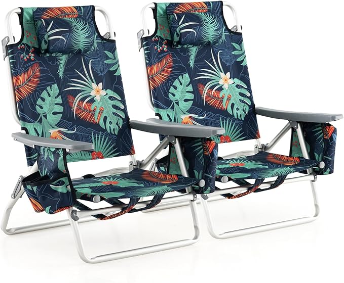 Tangkula Backpack Beach Chair with Table, 5-Position Lay Flat Beach Chairs with Cooler Bag, 2 Cup Holders, Towel Bar, Lightweight Low Folding Beach Chair