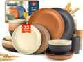 Teivio 32-Piece Kitchen Plastic Wheat Straw Dinnerware Set, Service for 8, Unbreakable Plates, Bowls and Cups Set, Farmhouse Outdoor Camping Dishes for Rustic Life/Country/Vintage, Saddle Ombre