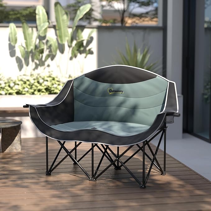 Outsunny Double Camping Chair for Adults, Padded Folding Camp Chair for 2 Person with Armrest, Wine Glass Holder, Cup Holder, Carry Bag for Outdoor Sports, Picnics, Supports up to 552 lbs.
