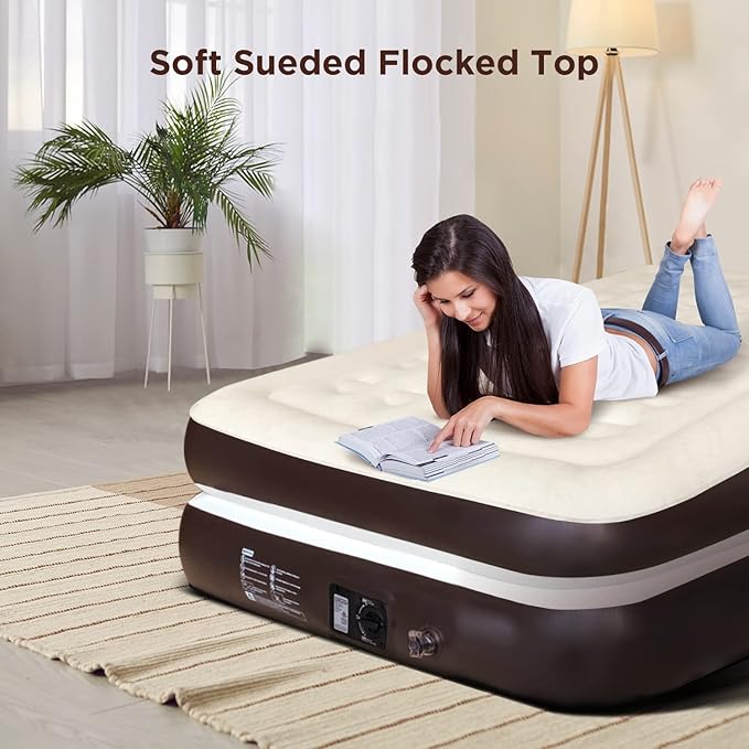 Ciays Air Mattress with Built-in Pump, Blow Up Mattress with Carrying Bag for Home and Camping, Flocked Top Inflatable Air Bed for Guests, Family