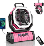 Odoland 30000mAh Camping Fan with LED Lantern, Rechargeable Battery Operated Oscillating with Remote Hook, Portable Tent Fan with Timer, 4 Speeds for Outdoor RV Jobsite Power Outage, Pink