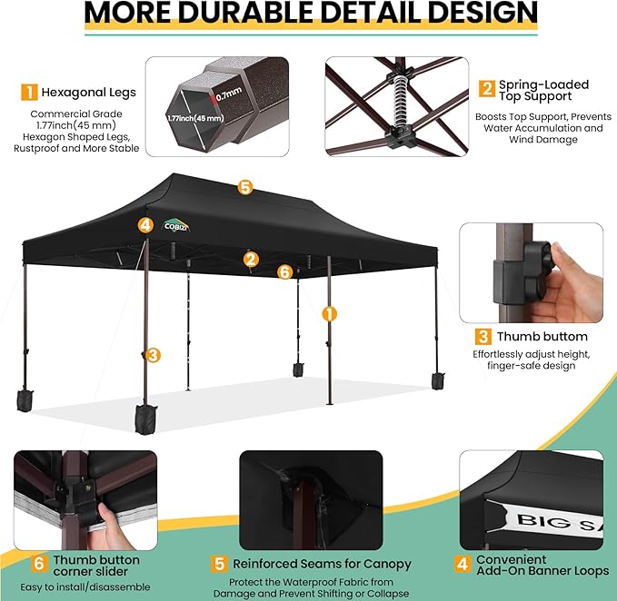 COBIZI 10x20 Pop up Canopy Without Sidewall Heavy Duty Commercial Outdoor Gazebo Easy Up Wedding Party Tents for Parties with Roller Bag, All Season Wind & Waterproof UPF50+(Upgrade Hexagonal Tube)
