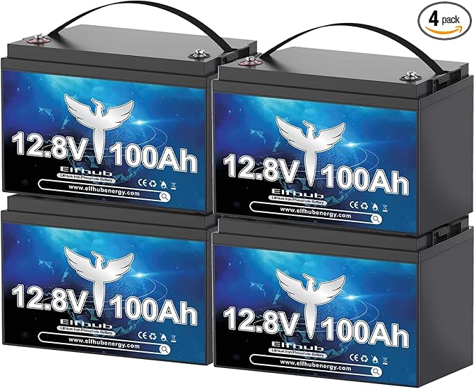 4 Pack 12V 100Ah LiFePO4 Lithium Battery, Upgraded 100A BMS, 10-Year Lifespan with Up to 15000 Cycles, Max. 1280Wh Energy,Perfect for RV, Solar, Trolling Motor