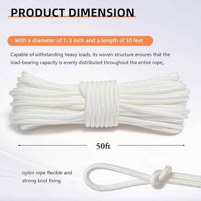 Nylon Rope, 1/3 inch 50FT Nylon Poly Rope Utility Cord Strong Polyester for Camping, Hiking, Clothesline, Tie, Flag Pole, Marine, Outdoor Swing (8mm White)
