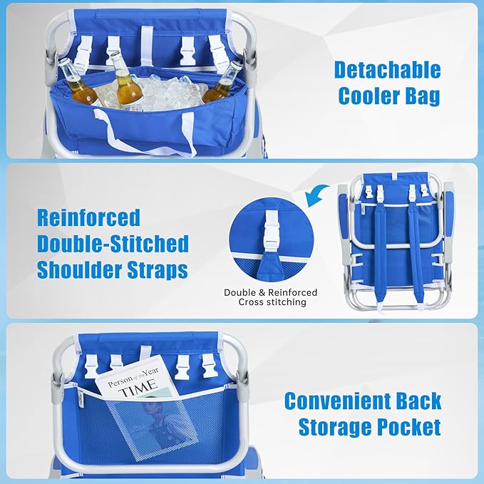SUNNYFEEL Beach Chairs for Adults 2 Pack 5 Position Lay Flat, Portable Folding Backpack Beach Chair Heavy Duty with Cooler Bag, Cup Holder for Outdoor/Lawn/Picnic, Foldable Camping Chair