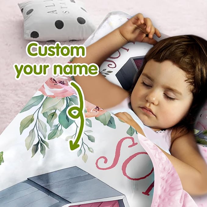 Custom Toddler Nap Mat for Preschool, Personalized Name Kids Sleeping Bag with Animal House Design for Daycare, Roll Up Sleeping Mat with Removable Pillow and Soft Dot Minky Blanke for Girls Camping