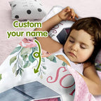 Custom Toddler Nap Mat for Preschool, Personalized Name Kids Sleeping Bag with Animal House Design for Daycare, Roll Up Sleeping Mat with Removable Pillow and Soft Dot Minky Blanke for Girls Camping