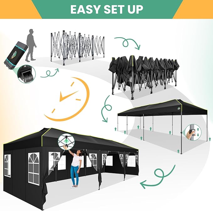 COBIZI 10x30 Pop Up Canopy Tent, Wedding Party Tent with 8 Sidewall One Push Setup Glow, 3 Adjustable Height Air Vent Waterproof UPF50+, Wheeled Bag, Sandbag, Stake, Rope for Commercial, Outdoor