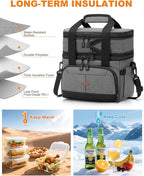 Lunch Box For Men Women Double Deck Insulated Lunch Bag For Men Woman Leakproof Expandable Cooler Bag with Adjustable Shoulder Strap for Kids Shool Work Picnic Camping(Gray‌,Large)