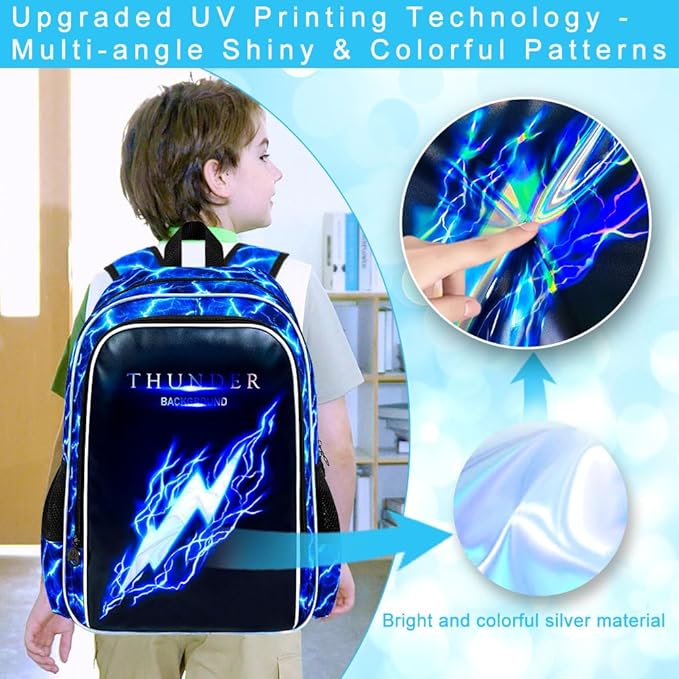 17" Backpack for Boy, 3Pcs Lightning Bookbag for Elementary Preschool Kindergarten, Kids School Backpacks with Lunch Box (Blue)