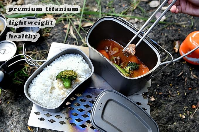 Boundless Voyage Titanium Camping Cookware Set 1500ml & 600ml Military Mess Kit with Lid Ultralight Backpacking Pot & Cup with Folding Handles for Hiking, Travel Portable Outdoor Cooking Kit Ti2059C