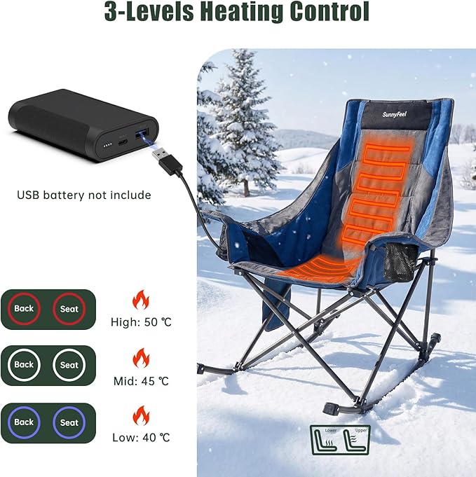 SUNNYFEEL Heated Rocking Camping Chair 2 Pack Fully Padded Patio Folding Chair Portable Oversized Outdoor Rocker High Back Lawn Recliner with Side Pocket Camp Rocker Chairs for Adults 500 LBS Blue