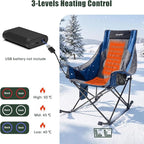 SUNNYFEEL Heated Rocking Camping Chair Fully Padded Patio Folding Chair Portable Oversized Outdoor Rocker High Back Lawn Recliner with Side Pocket Camp Rocker Chairs for Adults Heavy Duty 500 LBS Blue