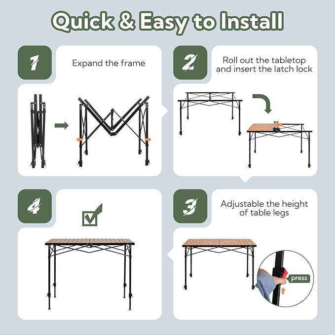 Portable Outdoor Adjustable Height Camping Table, Large for 2-6 Person, Foldable Roll-up Aluminum Camp Table with Carry Bag for Picnic, Camp, Sturdy, Stable, Loads 220 Lbs