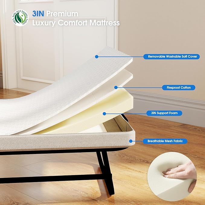 Folding Bed with Mattress, Portable Foldable Bed on Wheels for Adults, Memory Foam Mattress and Metal Frame, Space Saving Roll Away Beds for Easy Storage