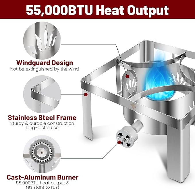 ARC Portable Stainless Steel Propane Burner,55,000BTU Camping Stove Gas Burner for Outdoor Cooking,12.5(W) x6.5(H) All Welded Frame,Great for Camping,Turkey Fry,Crawfish Boil,Homebrewing