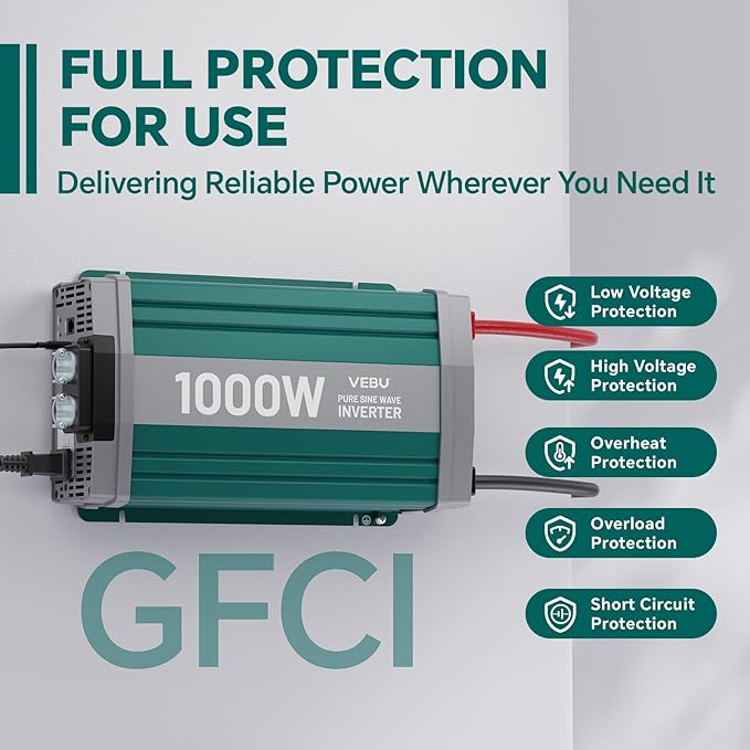 1000W Pure Sine Wave Inverter with ATS Mode, 12V DC to AC 120V Converter for Off-Grid System, RV, Truck, Camping, Peak 2000W