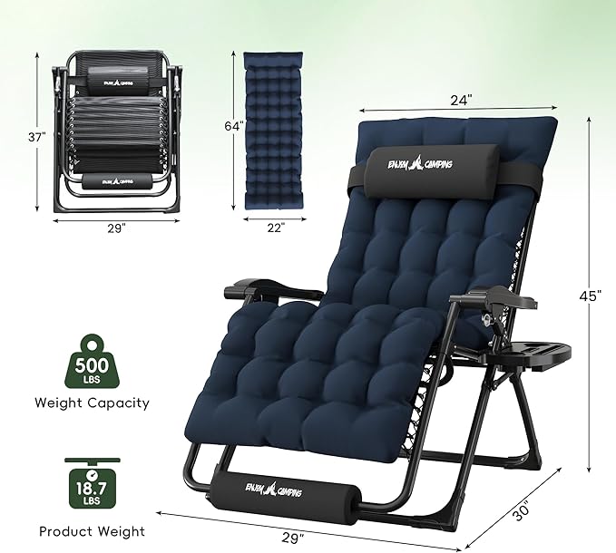 Amopatio Oversized Padded Zero Gravity Chair, XL 29In Reclining Camping Lounge Chair w/Removable Cushion&Headrest, Upgraded Lock and Footrest, Folding Patio Recliner for Indoor Outdoor, Navy