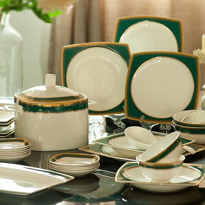Square Stoneware Tableware Set 58-Piece Phnom Penh Bone China Porcelain Tableware Set, Service for 6-10, Green