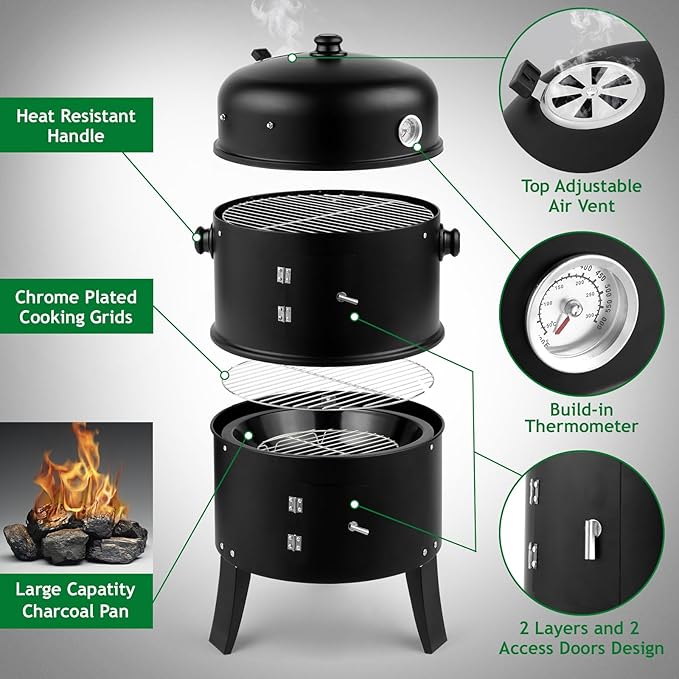 Outvita Vertical 17 Inch Charcoal BBQ Smoker, 3-in-1 Portable Outdoor Grill Cooker with Built-in Thermometer for Outdoor Backyard Cooking Grilling Camping