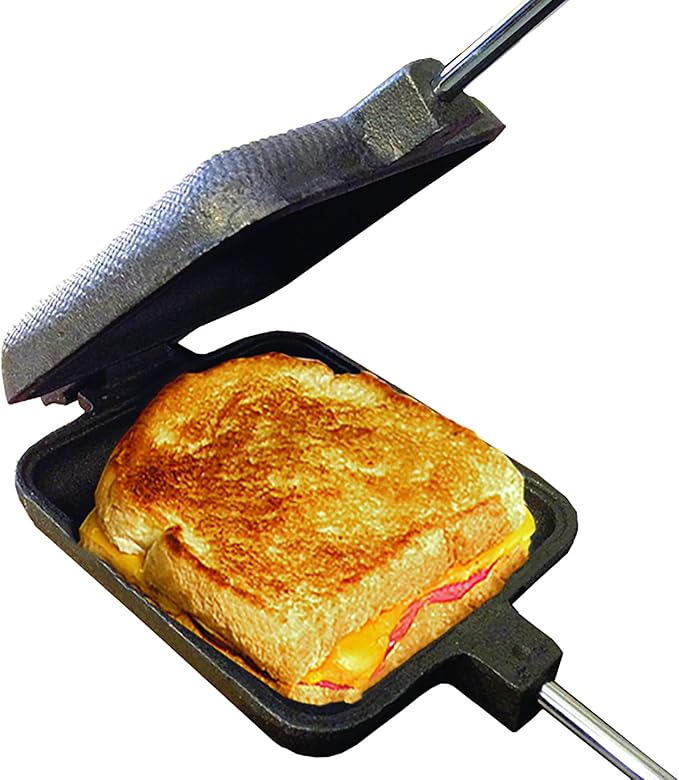 ROME Square Cast Iron Pie Iron Sandwich Cooker For Campfire Fire Pit and BBQ Use, Original Iconic Design, 28" Long With Steel Rods and Wood Handles #1705
