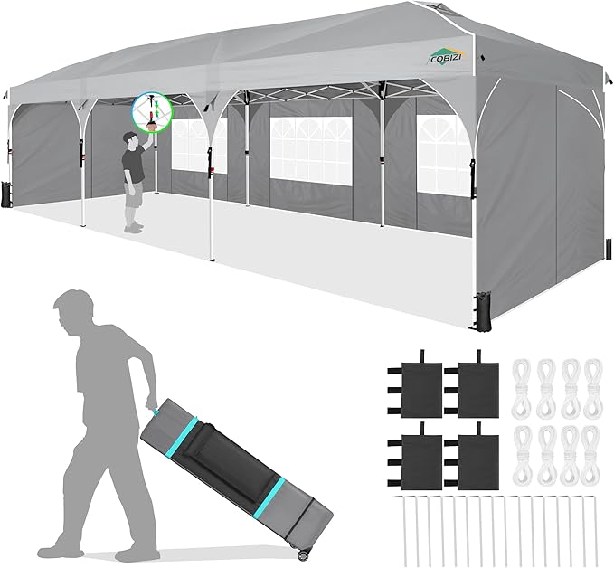 COBIZI 10x30 Party Tent: 10x30 Pop Up Canopy with Wheeled Bag - Tents for Parties with Patented Center-Lock Tech, 420D Waterproof Fabric, Easy Setup Canopy Tent with Removable Sidewalls, (Gray)