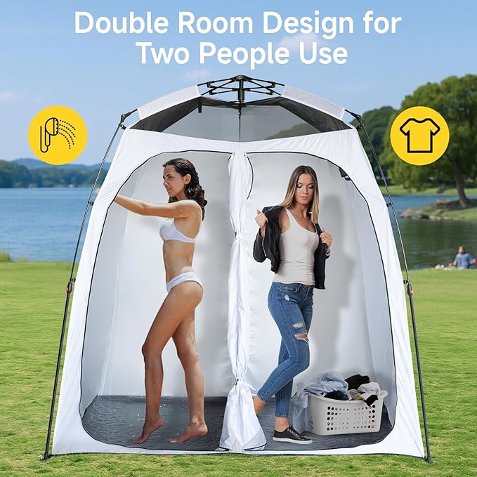 EighteenTek® Shower Tent Camping, 2-Room Portable Changing Room, Outdoor Shower Enclosure, Pop Up Privacy Tent Shelter with Floor & Doors, Waterproof & Lightweight, Camping Toilet Bathroom