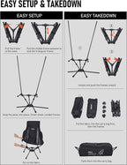 WildCall Lightweight Folding High Back Camping Chair with Head Support, Compact Beach Chair with Anti-Sinking Large Feet and Three Tilt Angles Adjustment