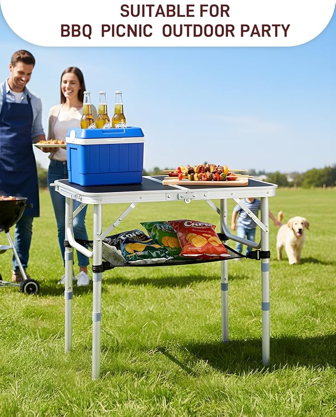 Outvita Folding Table, 2FT Aluminum Camping Table with Storage Adjustable Height Picnic Table Lightweight for Carring Outdoor Party Events Beach