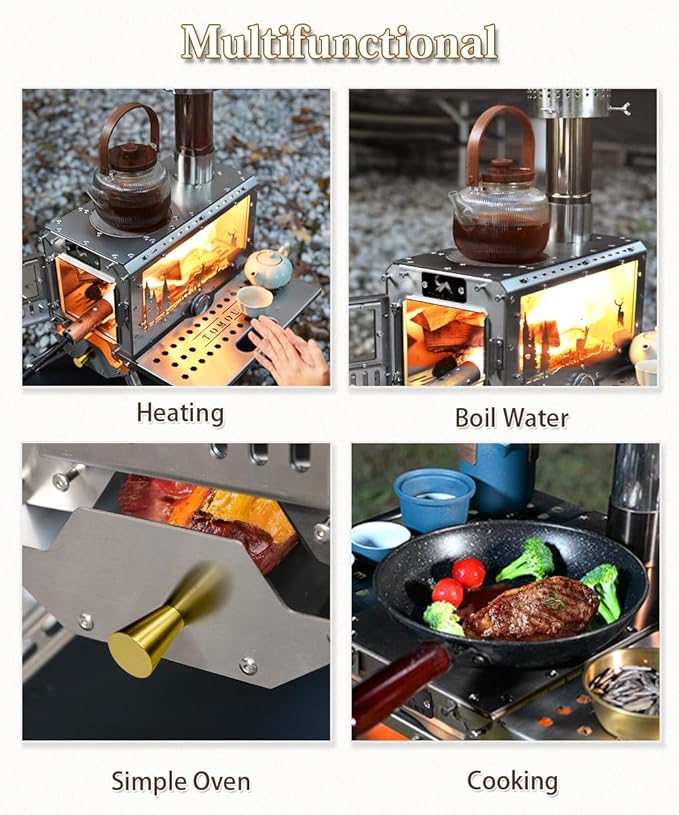 TOMOUNT Hot Tent Stove,Wood Stove with 7 Chimney Pipes,304 Stainless Camping Tent Stove with Spark Damper, Wood Burning Stove for Cooking and Heating，with heat-resistant Glass Window