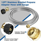 12FT Stainless Braided Propane Adapter Hose with Gauge, Propane Tank Hose Adapter 1lb to 20lb Converter for QCC1/Type1 Coleman Camp Stove, Buddy Heater, Tabletop Grill&More 1lb Portable Appliance